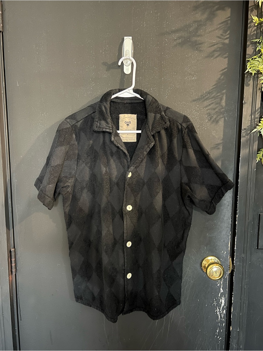 OAS Cuba Terry Black Short-Sleeve Diamond-Pattern Button-Down Shirt